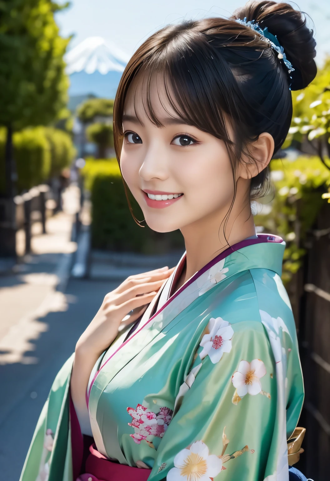 (masterpiece, best quality:1.1), (8k, raw photo, photo realistic:1.2, f22), (shiny skin), detailed skin, Bun Hair,detailed face, detailed eyes, smile,BREAK, real world, intricate details, smil, BREAK, 1girl, (kimono), BREAK, (Mt.Fuji:1.4), BREAK