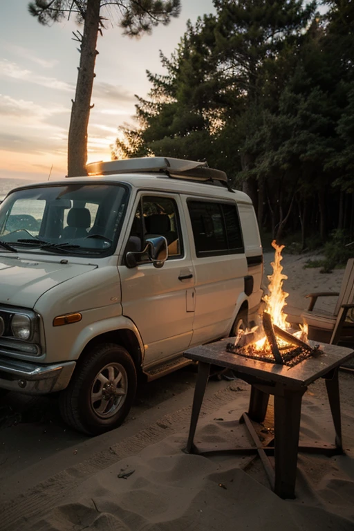 ((best quality)), ((masterpiece)), (detailed) small campervan near beach, sunset, sea, beach and forest, trees, grill next to van, fireplace, grill with fire, orange sunset, moviestyle