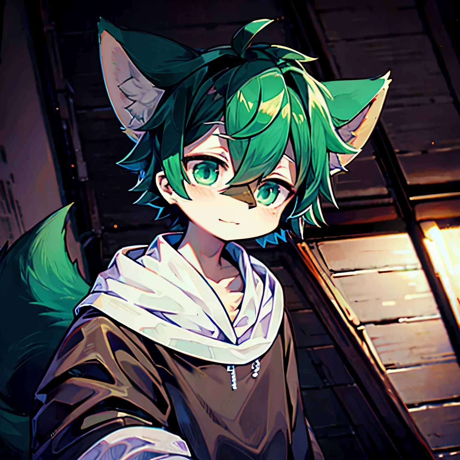 masterpiece, alone, Furry, kemono, Shaggy fox, personification, black fur, Dark Skin, Mint green eyes, Mint green hoodie, Femboy, 