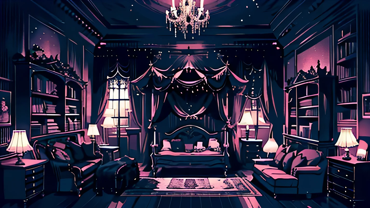 background、highest quality、detailed、Gothic atmosphere、Room illustration、、Illustration in black and pink tones、spacious room、night、深night、Beautiful night sky from the window、lace curtains、Gothic bed、one chandelier、Gothic furniture、Bookshelf、Plush rug、There are no living things、wide range composition、Deformed illustration、Dark atmosphere、The silence of the night、Starry Sky、Crescent Moon、Crescent Moon and star illumination、Nobody is here