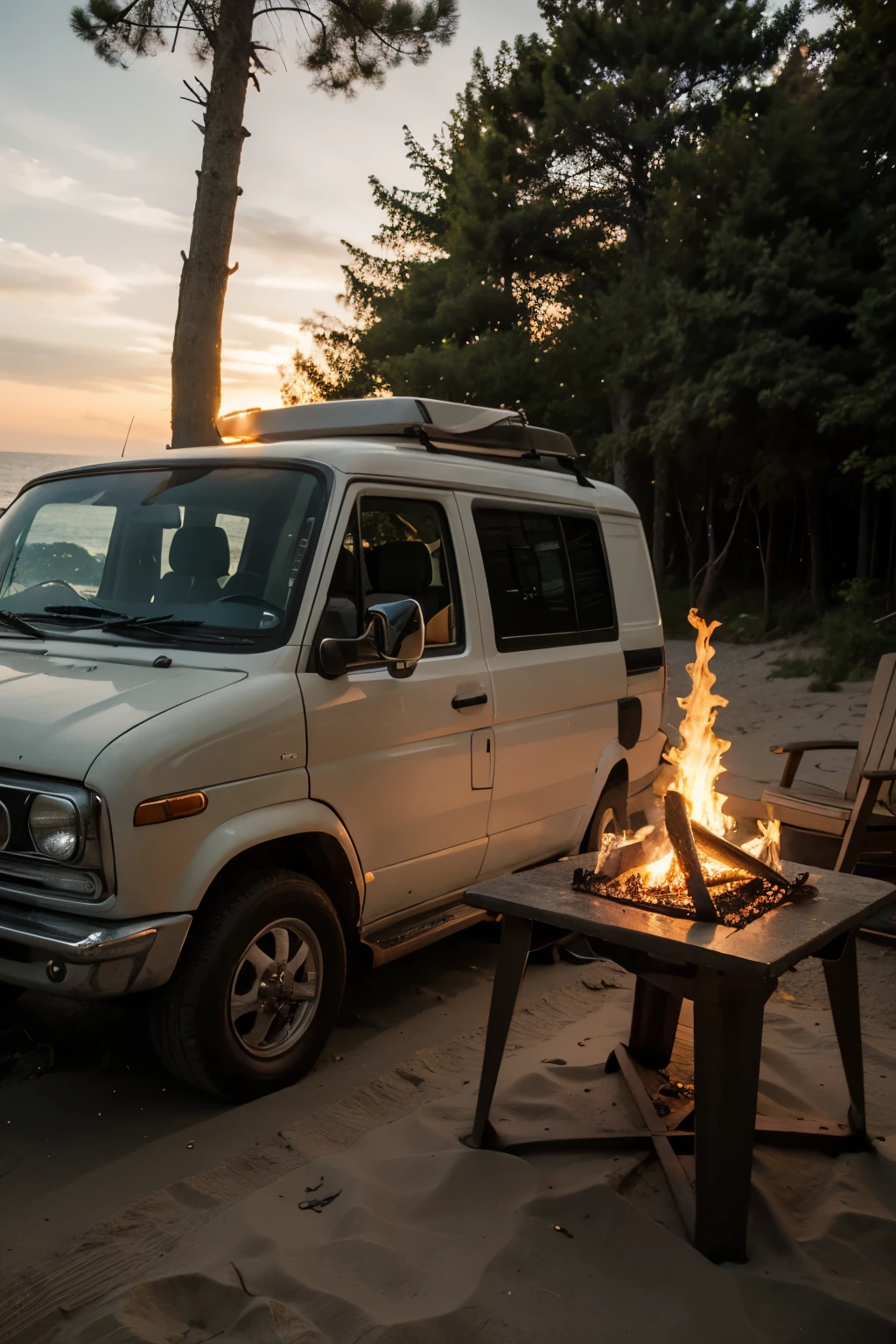 ((best quality)), ((masterpiece)), (detailed) small campervan near beach, sunset, sea, beach and forest, trees, grill next to van, fireplace, grill with fire, orange sunset, moviestyle
