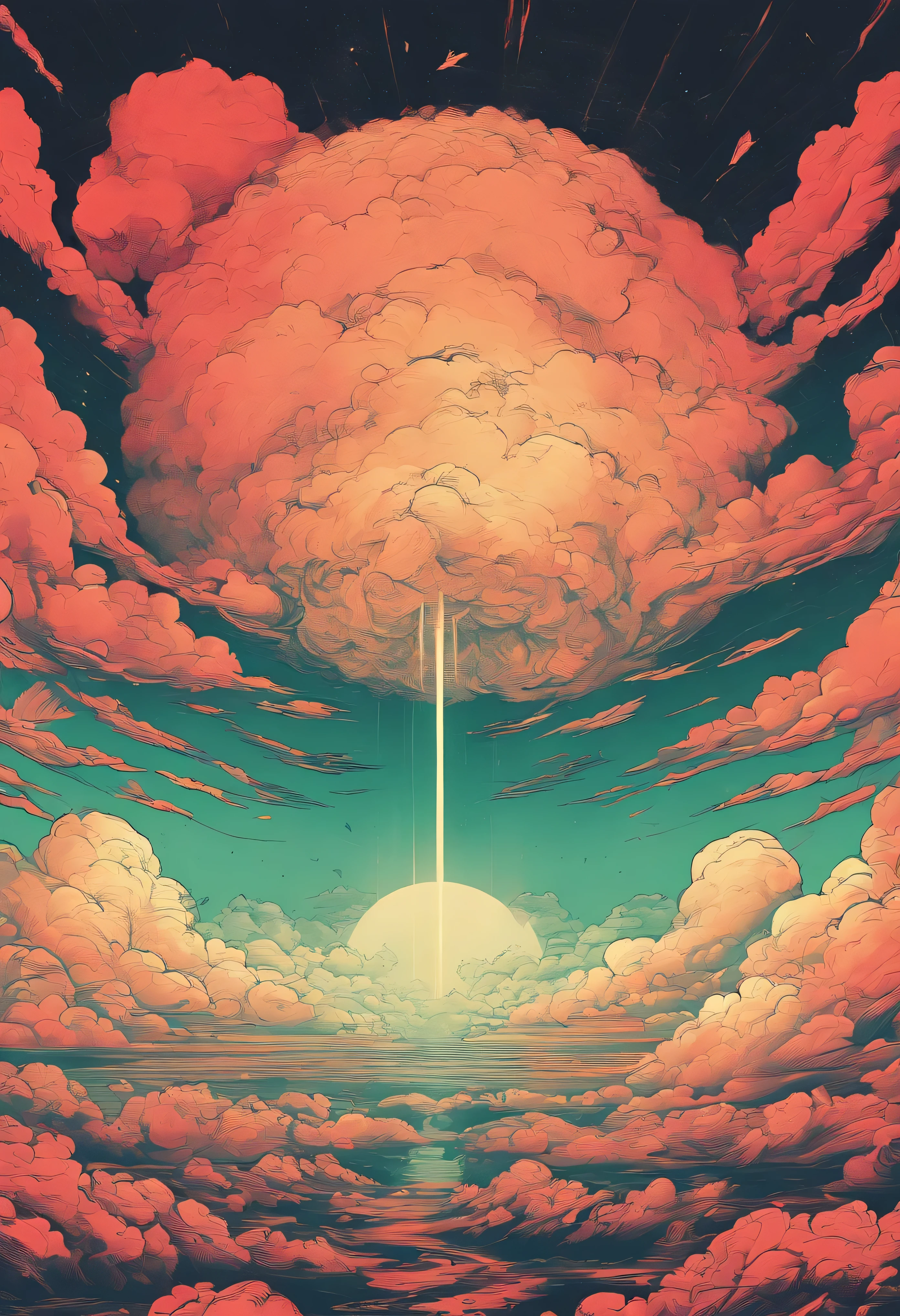 Samivel affiche, affiche vintage, clouds, vieille affiche, Old-fashioned poster. Inspired by Samivel (8k, highly quality, Hdr, esquisse) esquisse pastel, dessin esquisse, dessin pastel, couleur douce, couleur pastel, detailed clouds, hyper detailed, blue and white, no people, no characters, only sky, close up of clouds, gold light, atomic explosion, some red, atomic bomb, apocalyptic, otherworldly, alien planet, sci-fi, space, alien life forms, giant alien structures, green light, robotic, futuristic, laser beams, cyberpunk aesthetic