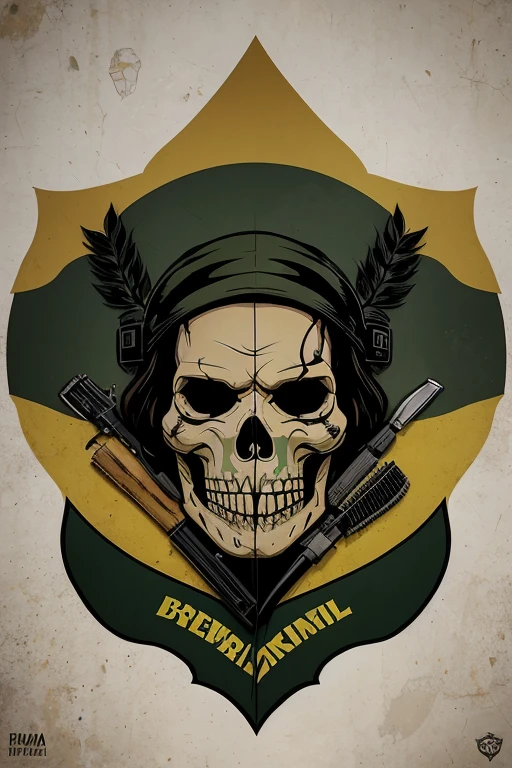 ((melhor qualidade)), create a logo for a Brazilian army platoon, com os temas: caveira, faca na caveira, Hunter, fuzil e granada, sem personagnes, somente com uma caveira em destaque e os elementos, coloque um fuzil cruzado e uma granada no meio, embaixo quero o nome "Hunter"