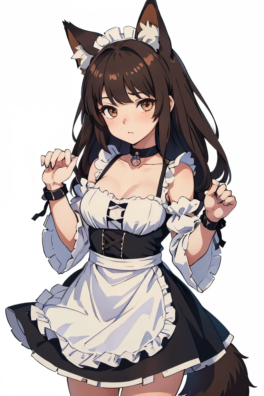 1girl, fox tail, paw_pose, solo, white_background, side brided hair, simple_background, maid, fox girl, looking_at_viewer, maid dress, blushed, kemonomimi_mode, serious expression, detached sleeves, gorgeous,key visual, vibrant, studio anime, brown hair, [[[front view]]], black dress, [[[frontal view]]], chocker, [[[Pelo trenzado]]], coletero para el cabello, Trenza francesa, white apron