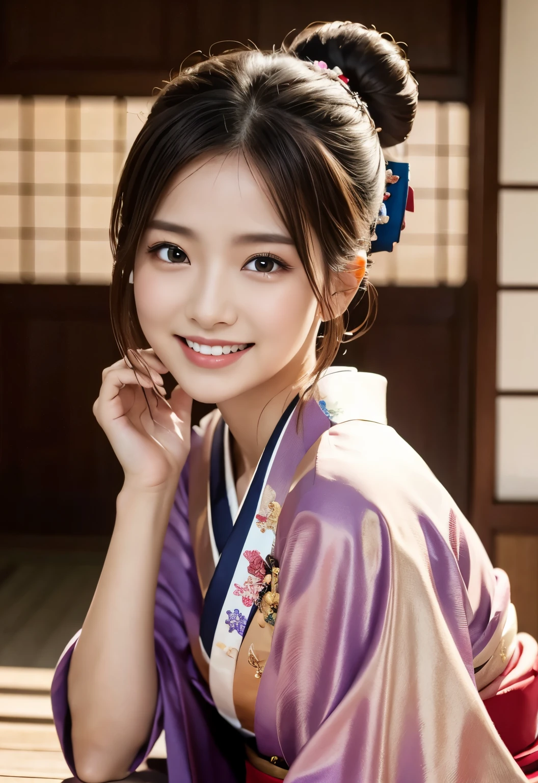 (masterpiece, best quality:1.1), (8k, raw photo, photo realistic:1.2, f22), (shiny skin), detailed skin, Bun Hair,detailed face, detailed eyes, smile,BREAK, real world, intricate details, smil, BREAK, 1girl, (kimono), BREAK, (Mt.Fuji:1.4), BREAK