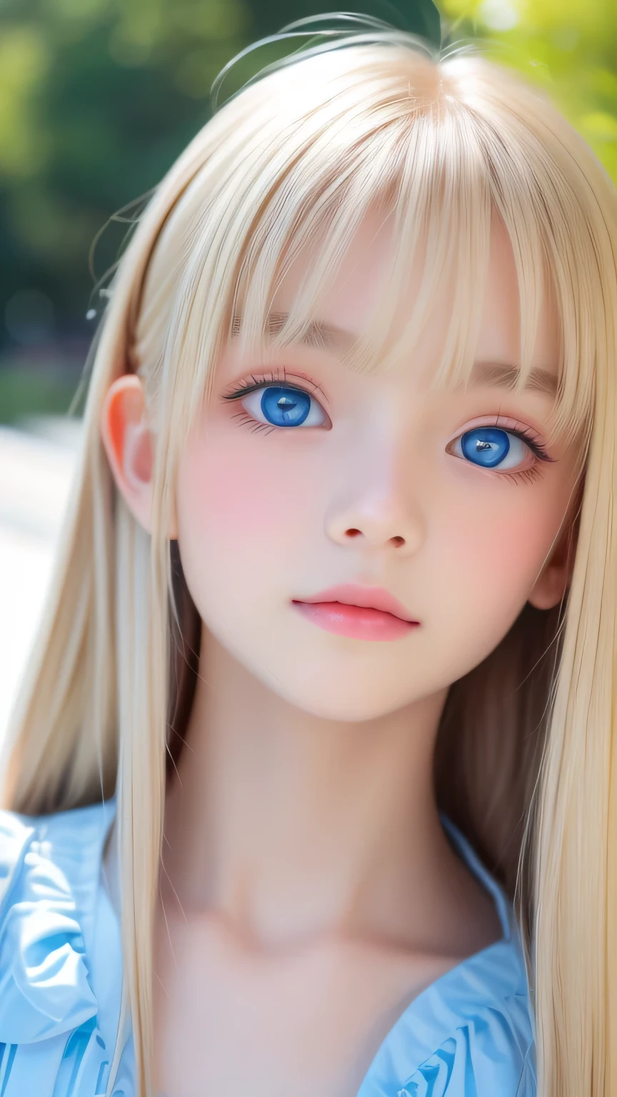 One beautiful girl、Portrait、、blue sky、Bright and very beautiful face、young, Very white shiny skin、The best beauty、Super long blonde hair with dazzling light reflections、Beautiful natural platinum blonde super long silky straight hair、long bangs between the eyes,、Extraordinarily beautiful 15-year-old、Large, shining, clear, light blue eyes、Very big eyes、Small Face Girl、round face、Cheek gloss highlight