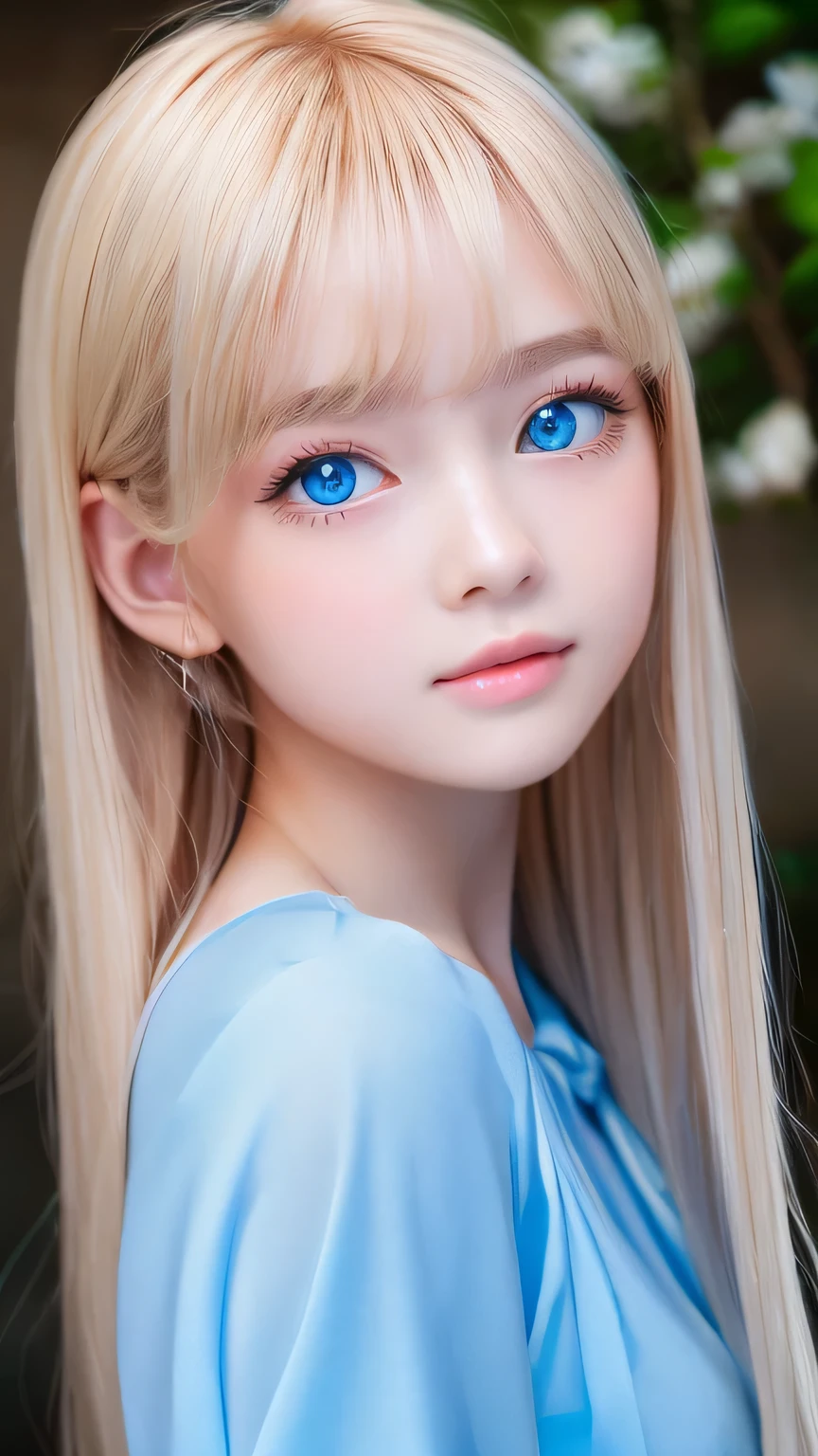 One beautiful girl、Portrait、、blue sky、Bright and very beautiful face、young, Very white shiny skin、The best beauty、Super long blonde hair with dazzling light reflections、Beautiful natural platinum blonde super long silky straight hair、long bangs between the eyes,、Extraordinarily beautiful 15-year-old、Large, shining, clear, light blue eyes、Very big eyes、Small Face Girl、round face、Cheek gloss highlight