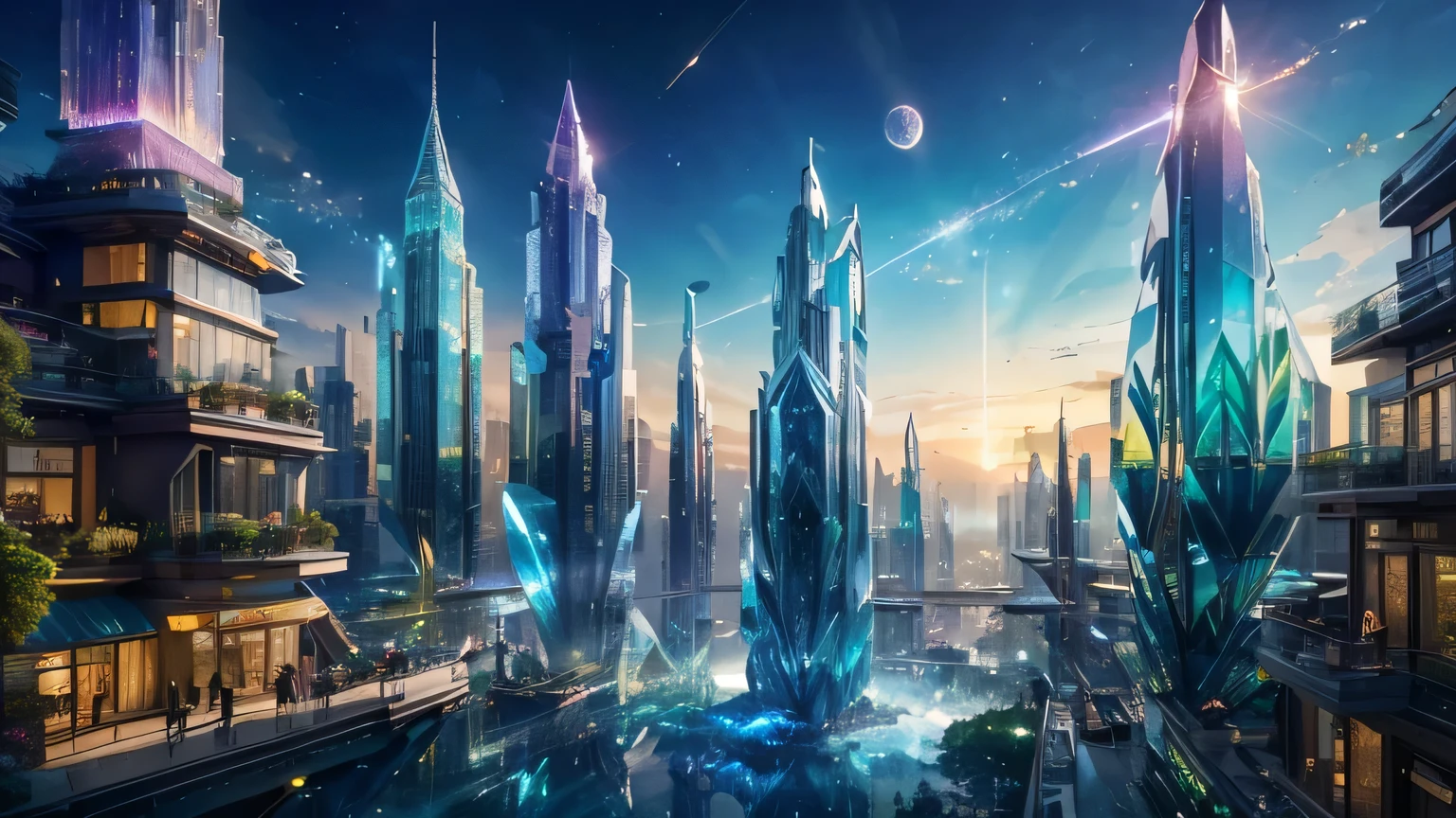 (best quality,8k,highres,masterpiece:1.2),ultra-detailed,(realistic,photorealistic,photo-realistic:1.37),THE MOST BEAUTIFUL CITY, DE MINERALS OF CRYSTALS, IN THE FUTURISTIC SHINING WORLD,uinque district of towering mineral crystals,towering buildings,sparkling gemstones,crystal-clear skyscrapers,translucent structures,giant crystal formations,vibrant lights, futuristic architecture,modern infrastructure,streets filled with life,energy flowing through the city,people marveling at the beauty,multicolored buildings reflect the sunlight,with a touch of futuristic charm,sky filled with floating planets,magnificent celestial bodies,tranquil atmosphere,harmony of colors,awe-inspiring view,serene and captivating cityscape,revealing the marvels of advanced technology,peaceful yet vibrant ambiance,a majestic fusion of nature and modernity,celestial phenomena illuminating the sky,evoking a sense of wonder and awe,natural crystals intertwine with modern designs,gleaming minerals adorning every corner,mirrored facades, reflecting the magnificence,mystical glow emanating from every structure,colorful minerals changing hue with the rising sun,prismatic light dancing through the city,mineral-rich landscape creating a unique sparkle,ethereal beauty capturing the imagination of all who visit,transcending the boundaries of time and space,a city that embodies the beauty of crystals and the dreams of the future.