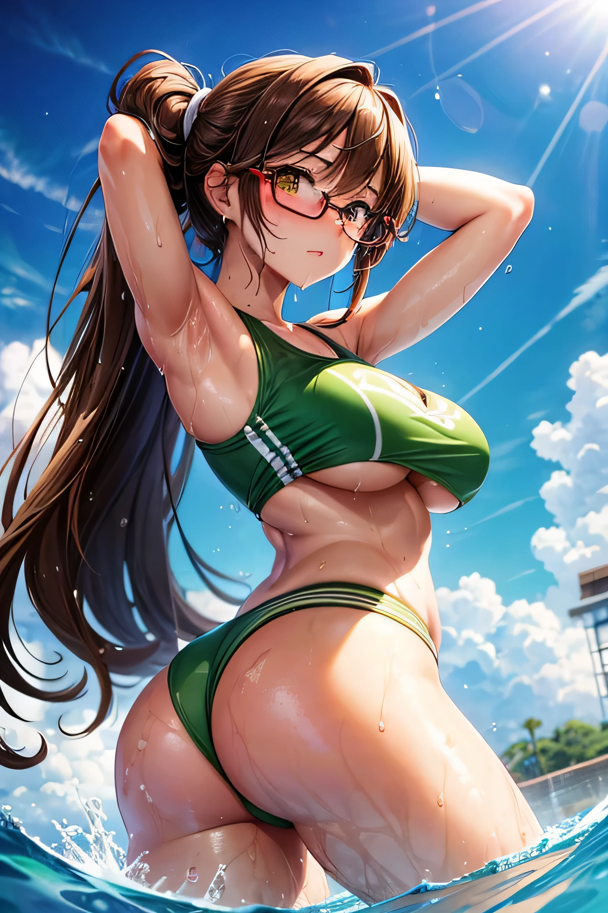 High resolution, high quality, 1 girl, Anime Girls, Brown long hair, Brown eyes, Green glasses, Sunburned skin, , (Big Ass),Beauti ass,sweat,wet,hleg cheerleader,arms behind head,Lift your legs,at shower,(water),