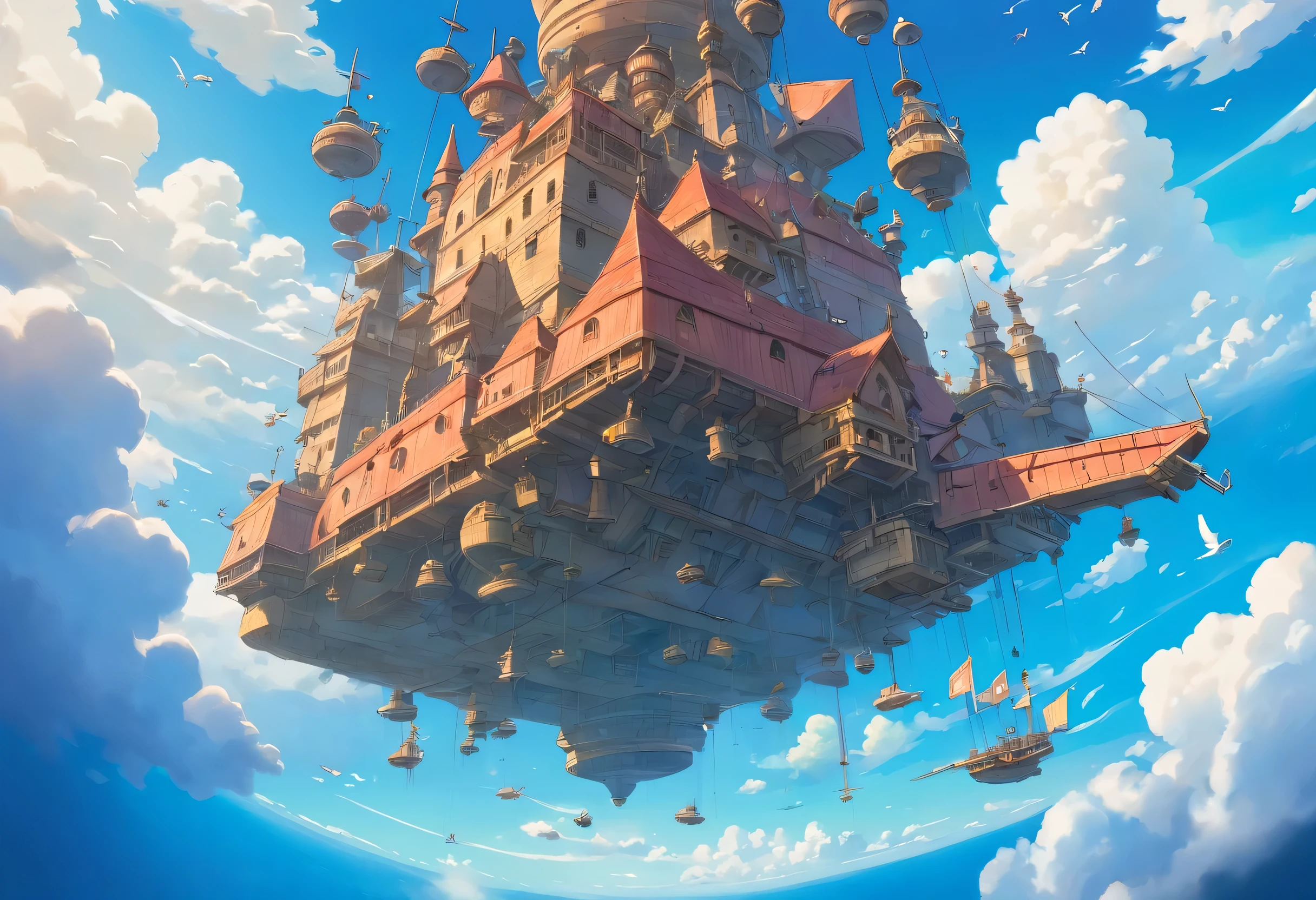 laputa,floating castle in the sky,blue sky,many( battle ships:1.2),(from below:1.2),flying robot