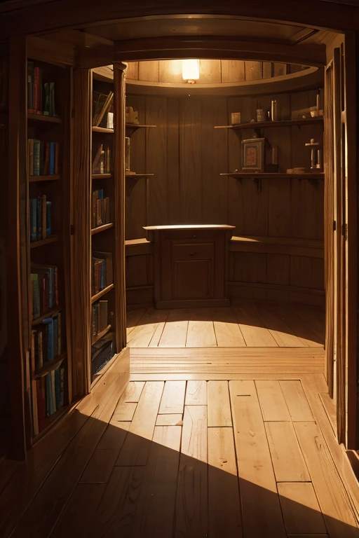 very tall round cylindrical room with walls covered by shelves for storing ancient scrolls, dark at night