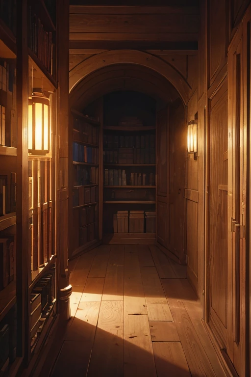 very tall round cylindrical room with walls covered by shelves for storing ancient scrolls, dark at night
