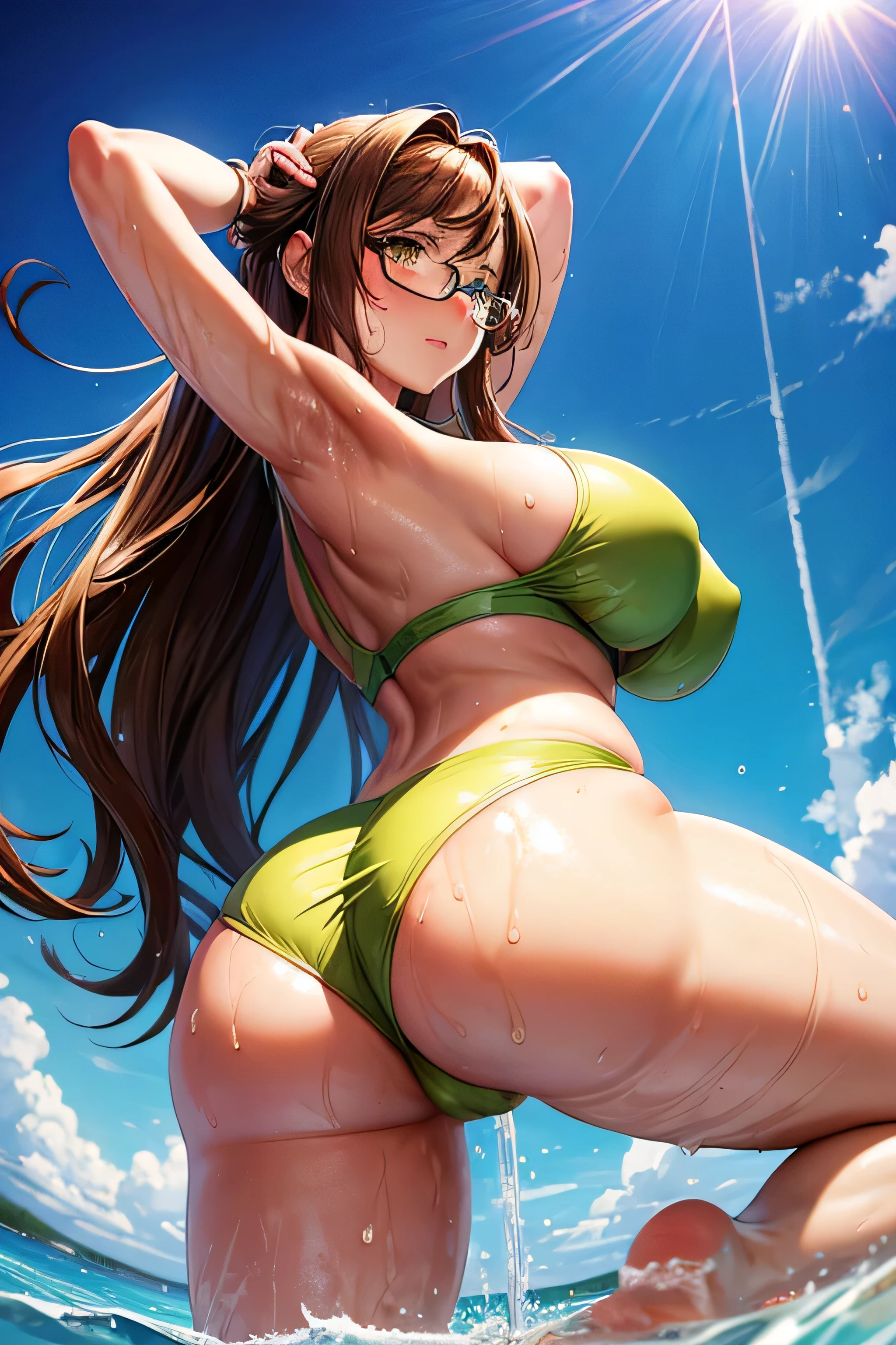 High resolution, high quality, 1 girl, Anime Girls, Brown long hair, Brown eyes, Green glasses, Sunburned skin, big breasts, (Big Ass),Beautiful ass,sweat,wet,highleg cheerleader,arms behind head,Lift your legs,at shower,(water),