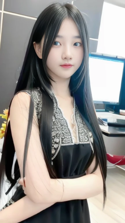 Ultra HD, The 8k quality, girl with, Very long hair, black blur dress, Detailed eyes, Front capture, unreal enginee 5,