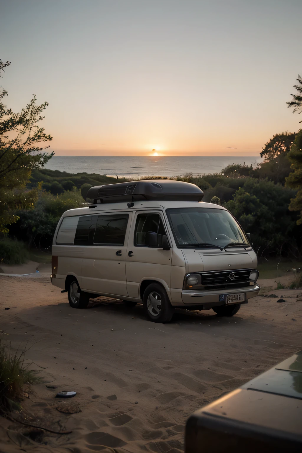 ((best quality)), ((masterpiece)), (detailed) small campervan near beach, sunset, sea, beach and forest, trees, grill next to van, fireplace, grill with fire, orange sunset, moviestyle, can see sea