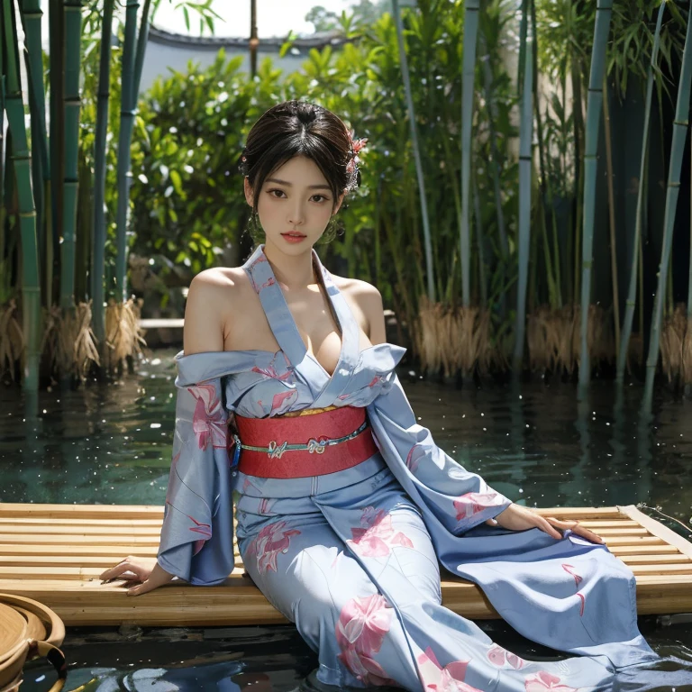 The real picture、Negative Space, Shuimobisim, girl, woman,Exposing shoulders, kimono、yukata、Big Breasts、Cleavage(Etch 0.5), lips, Splash, (wood:0.5), (Flowers:0.6) ,(bird:0.2), (Bamboo 0.1), lake, Hangzhou, Bonian, Bonian in background