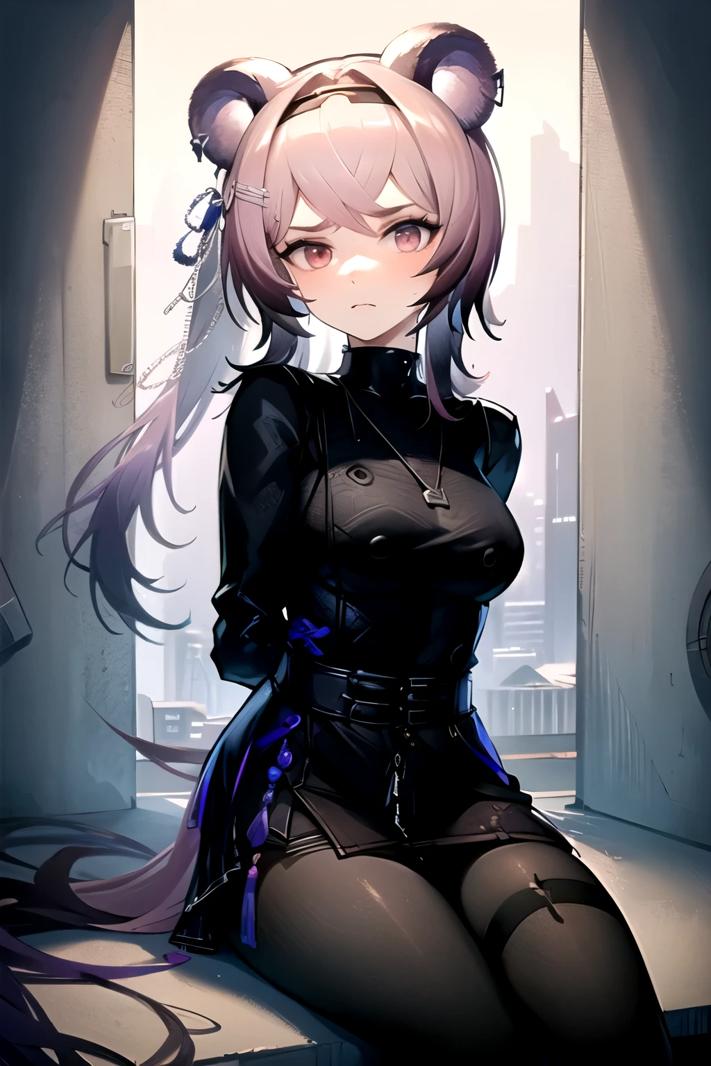 highest quality, masterpiece, High resolution, one person in, {Rin_arknights:0.90}, 1 girl, black_dress, length_sleeve, looking for_in_viewer, white_background, cowboy_shot, simple_background, closed_mouth, ((hands tied behind)), ((arms behind back)), wide_sleeve, black_pantyhose, formal_alternine_costume, basement, concrete floor, concrete wall, underground room, ((scowl)), sitting on the knees, sieza, together tighs, black tights, closed legs,