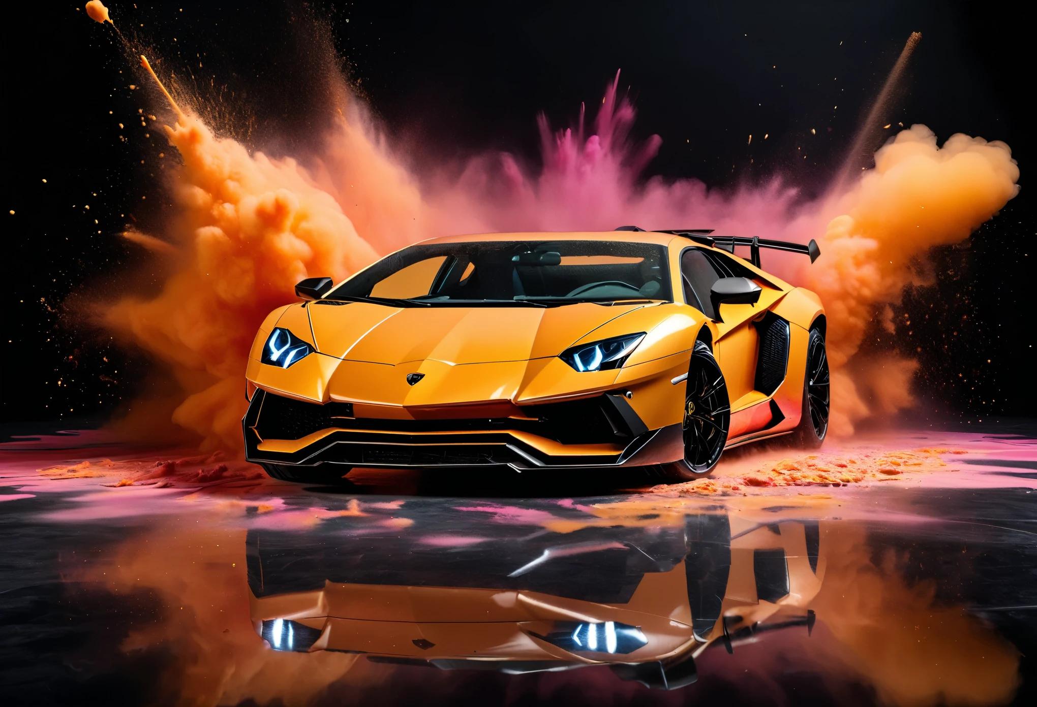 A lamborghini aventador svj, Studio background, Paint exploding in the background