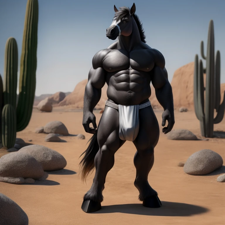 Furry, Antro, [Horse color Gris Plateado Brillante metal] , [Fundoshi Bulto Male Big], [Fundoshi Blanco], Solo, [Bulto Male Big], Hooves , Big Balls, Detallado 4k, cuerpo completo, cuerpo furry silver dark, Desierto con Cactus , Eyes Pupil Marron, Alta resolucion, 