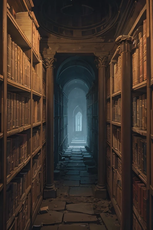 very tall rotunda with walls covered by shelves for storing ancient ((scrolls)), ((dark at night)), old, delapidated, ruin