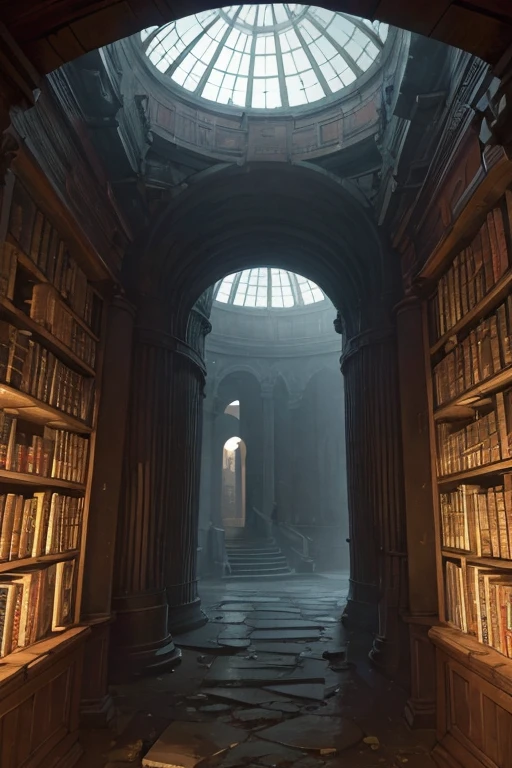 very tall rotunda with walls covered by shelves for storing ancient ((scrolls)), ((dark at night)), old, delapidated, ruin
