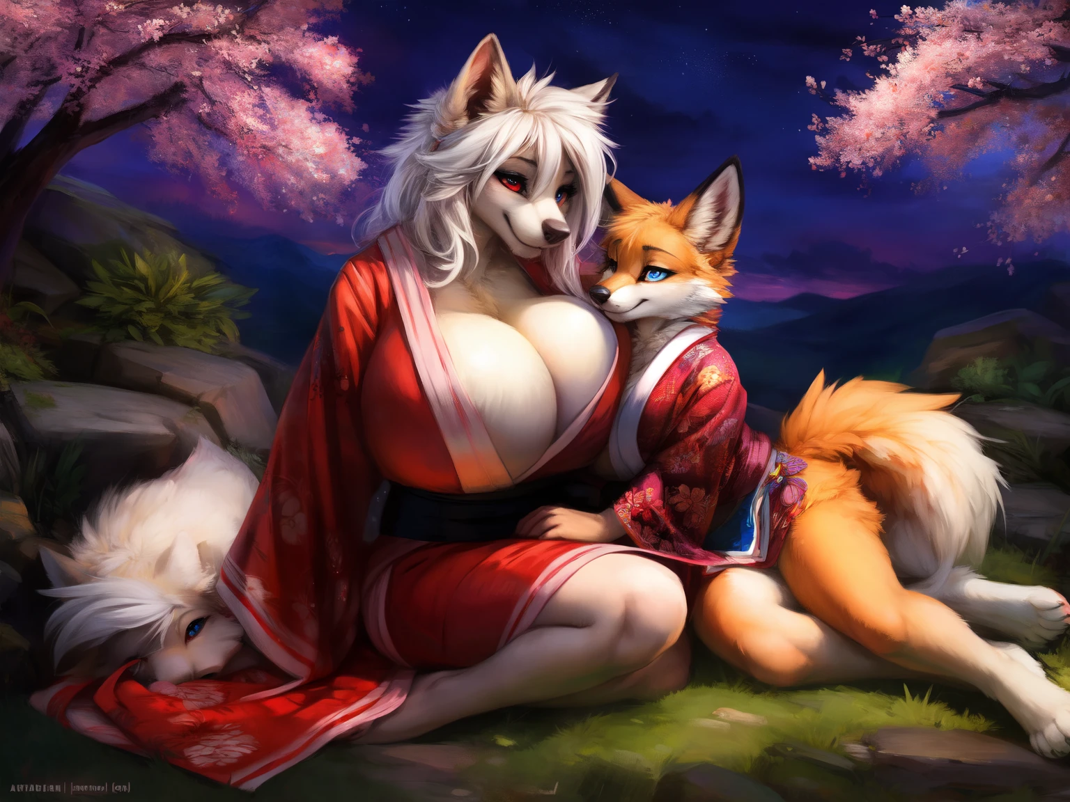 by kenket, Ross Tran, ruan jia, zaush, foxovh, by Zackary911, by hyattlen, by teranen, by fumiko, by Pixelsketcher, by fluff-kevlar, bye r-mk, by Dimwitdog, Female red fox, orange fur, nuzzling into the second characters chest, magic fantasy, small, slender, (young)), fluffy tail, vibrant red eyes, detailed eyes, slightly revealing kimono, BREAK, second character female arctic fox, traditional kimono, vibrant blue eyes, detailed eyes, ((huge breasts)), hourglass body, white fur, traditional kimono, seductive, alluring eyes, traditional japanese, magic fantasy, (mature), milf, tall, curvy), sleek tail, BREAK, outdoors, cherry blossoms, nighttime, tugging on own clothes, ((2 anthro women)), both characters staring into each others eyes, physical embrace, laying down on a grass, size difference, one character smaller the other character larger,