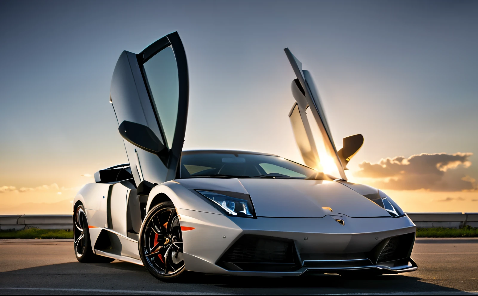 lamborghini murcielago driving in miami street, [carhelper:photohelper], Retrofutur, motion blur, CinemaHelper, Chrome reflections, sun flare, Extremely detailed, Intricate details