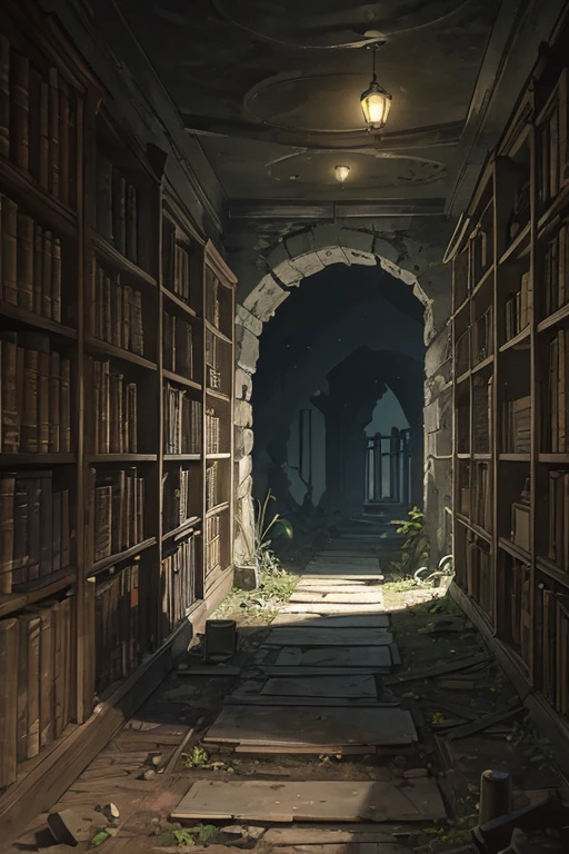 very tall rotunda with walls covered by shelves for storing ancient ((scrolls)), ((dark at night)), old, delapidated, ruin, frog perspective