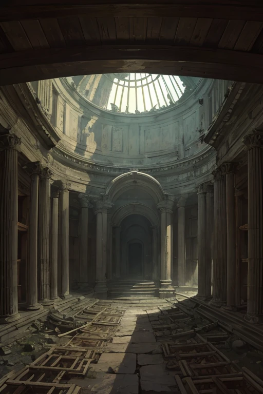 very tall rotunda with walls covered by shelves for storing ancient ((scrolls)), ((dark at night)), old, delapidated, ruin, frog perspective