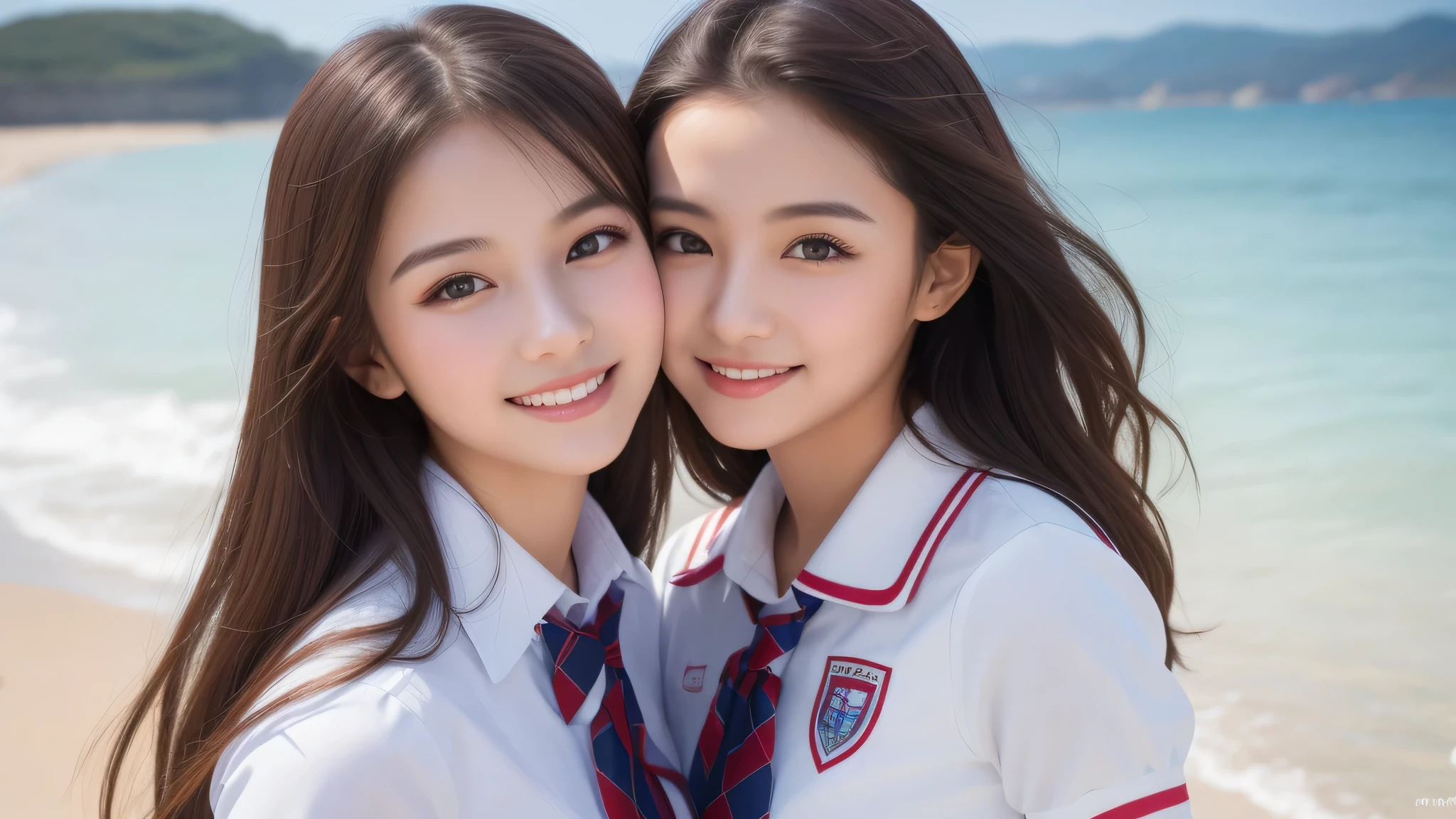 2girl, beautiful girls, enchanting smile, Amazing face and eyes, (highly detailed eyes, highly detailed face), Fresh, very clean appearance, (hyper-realistic, hight resolution), (best Quality:1.4), Professional Photography, (high school uniform:1.2), focus on the face, sea, beach,