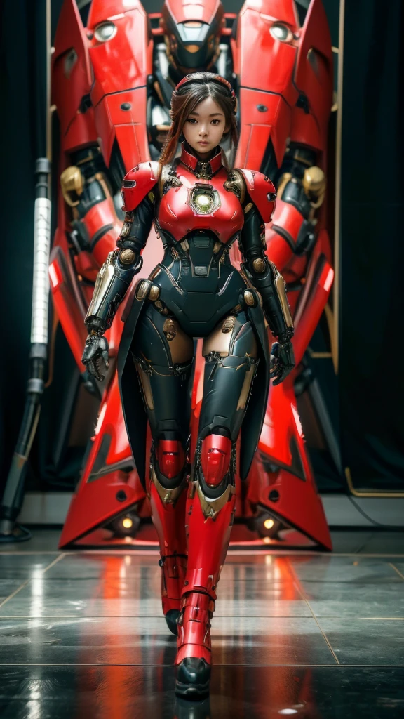 a woman in a red and black suit with a gun, girl in mecha cyber armor, female mecha, by Russell Dongjun Lu, [ trending on cgsociety ]!!, cgsociety and fenghua zhong, cyborg girl, perfect anime cyborg woman, lady in red armor, cute cyborg girl, beautiful female android!, by Jeremy Chong, japanese cyborg