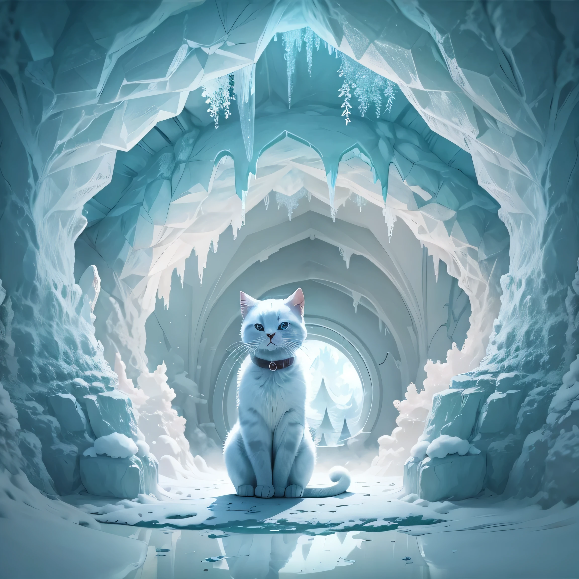 Sitting in a frozen cave、Reflective white cat from Arafed, Electric cat flying on ice, Snow cave, Highly detailed digital art in 4K, New Cat Movies, fantasy matte painting,cute, 4K Detailed Digital Art, symmetrical matte paint, Cat from the void, 3D rendering and matte painting, Planet of Cats, inside the igloo