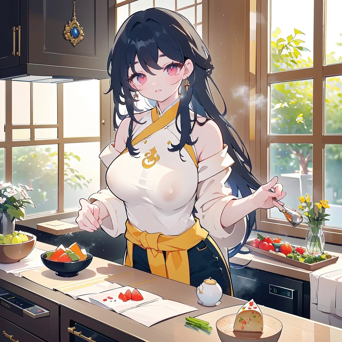 Tang Wutong, grande, wearing off-the-shoulder sweater and cotton shorts, home kitchen。,(best quality,4k,8k,highres,masterpiece:1.2),ultra-detailed,(realistic,photorealistic,photo-realistic:1.37),kitchen scene, natural lighting, vibrant colors, detailed background, Tang Wutong with beautiful almond-shaped eyes, luscious lips, and expressive facial features, long wavy hair cascading down to her waist, relaxed and confident posture, preparing a delicious meal on a granite countertop, surrounded by fresh vegetables and fruits, a bouquet of colorful flowers on the table, a pot simmering on the stove, steam rising gently, rays of sunlight streaming through the window, casting a warm glow on the scene, creating a cozy and inviting atmosphere, showcasing Tang Wutong's culinary talents and her stylish yet casual fashion sense, an elegant and modern kitchen with sleek appliances and glossy finishes, highlighting the luxurious and high-end aesthetic, creating a captivating blend of beauty, artistry, and gastronomy.