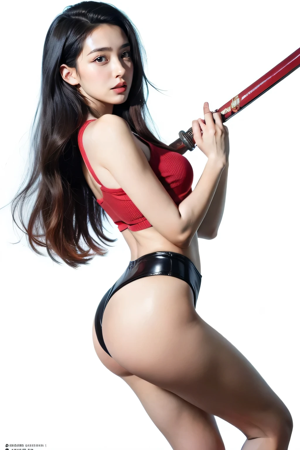 Masterpiece 8k wallpaper photograph of full body a young and beautiful nezuko chan, her cute tiny detailed body frame of 145cm height with slim waist and thin thighs, flat and smooth abdomen, contrast with her large-size full breast, fat ass and round butt, detailed beautiful japanese face with white skin and big brown eyes, nezuko, very long hair, multicolored hair, black hair, red hair, gagged, bamboo, gag, dynamic pose, dynamic angle, a girl in a pink outfit is holding a sword in her hand, nezuko, nezuko-chan, demon slayer, fanart, demon slayer artstyle, official anime artwork, official art, official artwork, demon slayer, kimetsu no yaiba, anime cover, high detailed official artwork