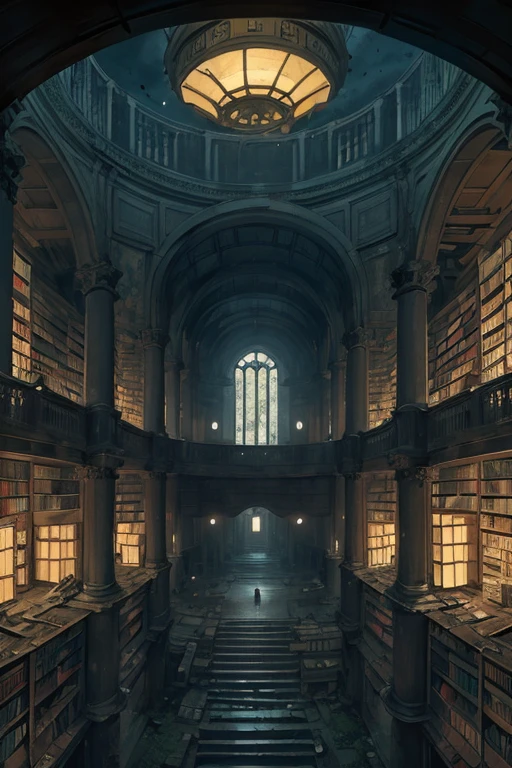 very tall library rotunda with walls covered by shelves, ancient ((scrolls)), ((dark at night)), old, delapidated, ruin, frog perspective