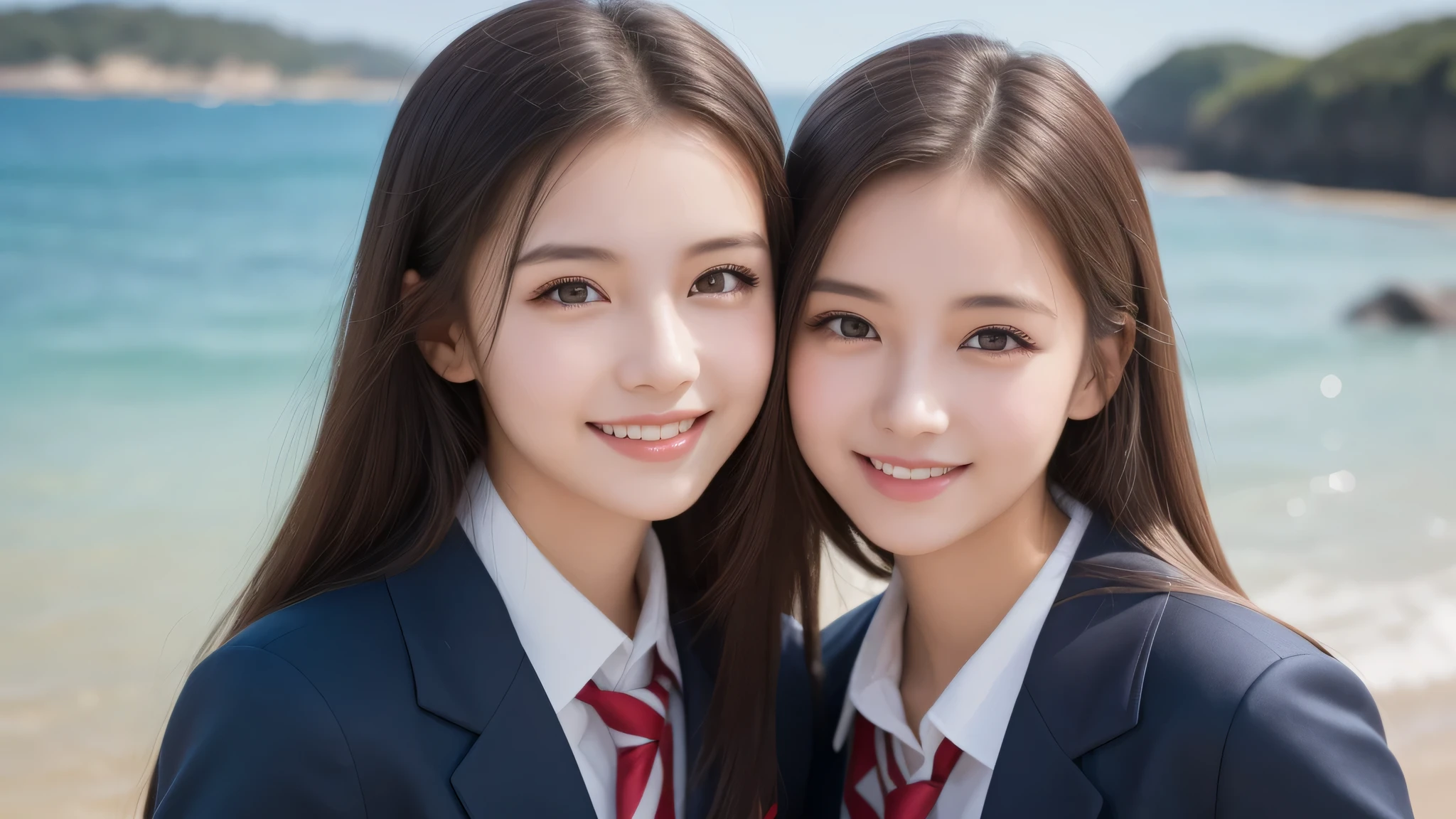 2girl, beautiful girls, enchanting smile, Amazing face and eyes, (highly detailed eyes, highly detailed face), Fresh, very clean appearance, (hyper-realistic, hight resolution), (best Quality:1.4), Professional Photography, (high school uniform:1.2), focus on the face, sea, beach,