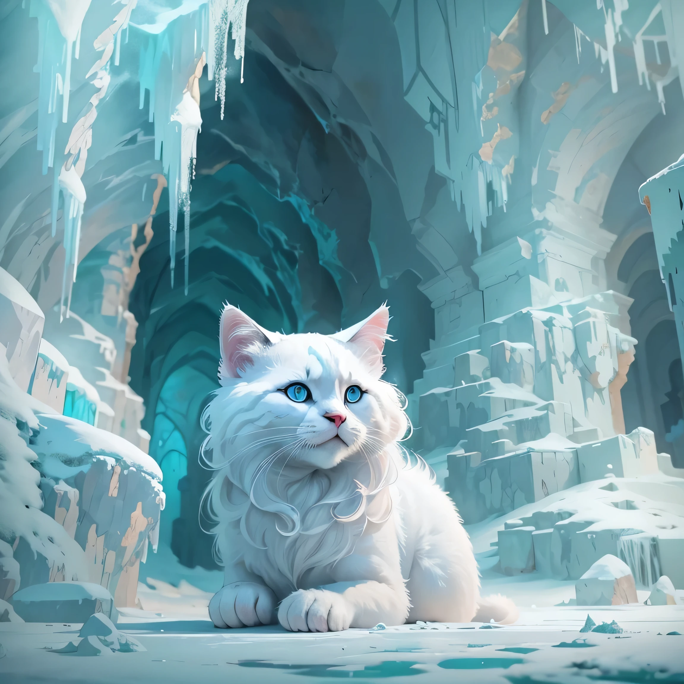 Sitting in a frozen cave、Reflective white cat from Arafed, Detailed matte painting inspired by Jean-Léon Gérôme, Shutterstock Contest Winner, fur art, Electric cat flying on ice, Snow cave, Highly detailed digital art in 4K, New Cat Movies, fantasy matte painting，cute, 4K Detailed Digital Art, symmetrical matte paint