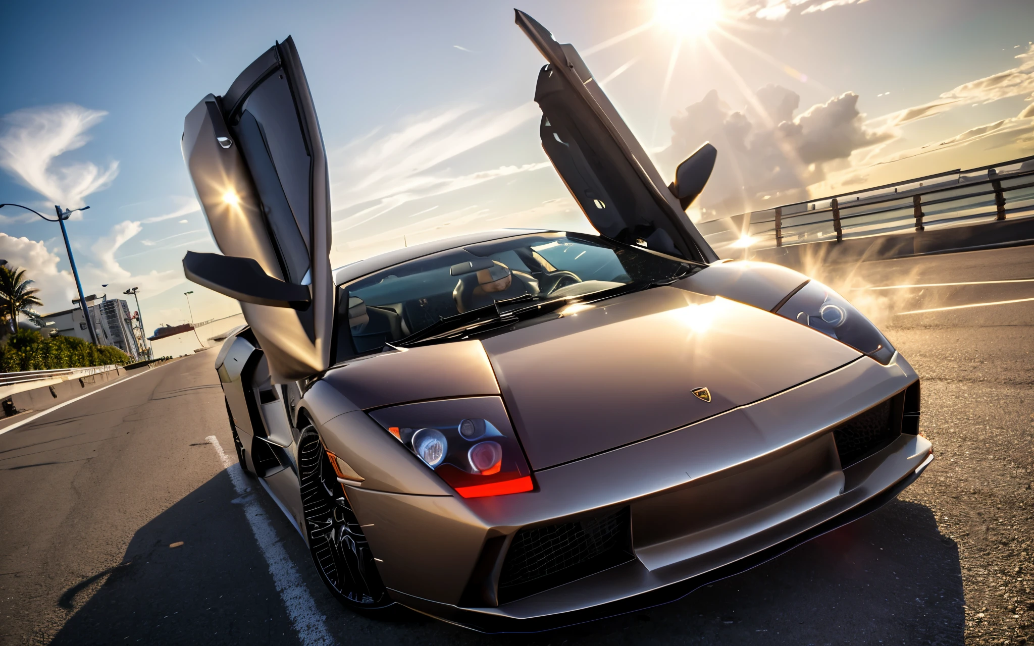lamborghini murcielago driving in miami street, [carhelper:photohelper], Retrofutur, motion blur, CinemaHelper, Chrome reflections, sun flare, Extremely detailed, Intricate details