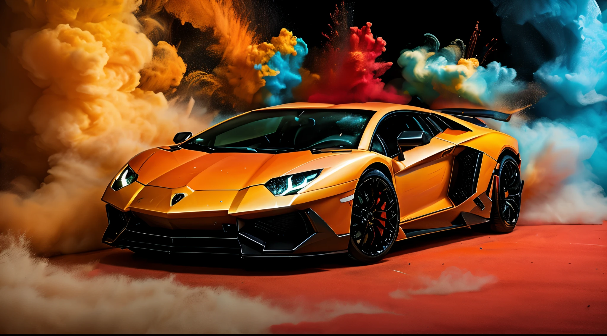 A lamborghini aventador svj, Studio background, Paint exploding in the background