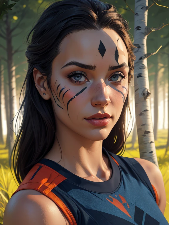 (obra de arte, Cartoon style digital illustration best quality, ultra realistic,32K,foto crua, Pele detalhada, 8k hd, dslr, alta qualidade, film grain:1.5), rule of thirds, Uma mulher extremamente bonita, Pale skin, cabelo ruivo, Guerreiro Celta, Weathered Blue War Face Paint Birch Forest, Sharp, bold focus, intrincado, pintura digital, Altamente detalhado, rosto altamente detalhado, soft lighting, vibrant colors Cartoon style digital illustration