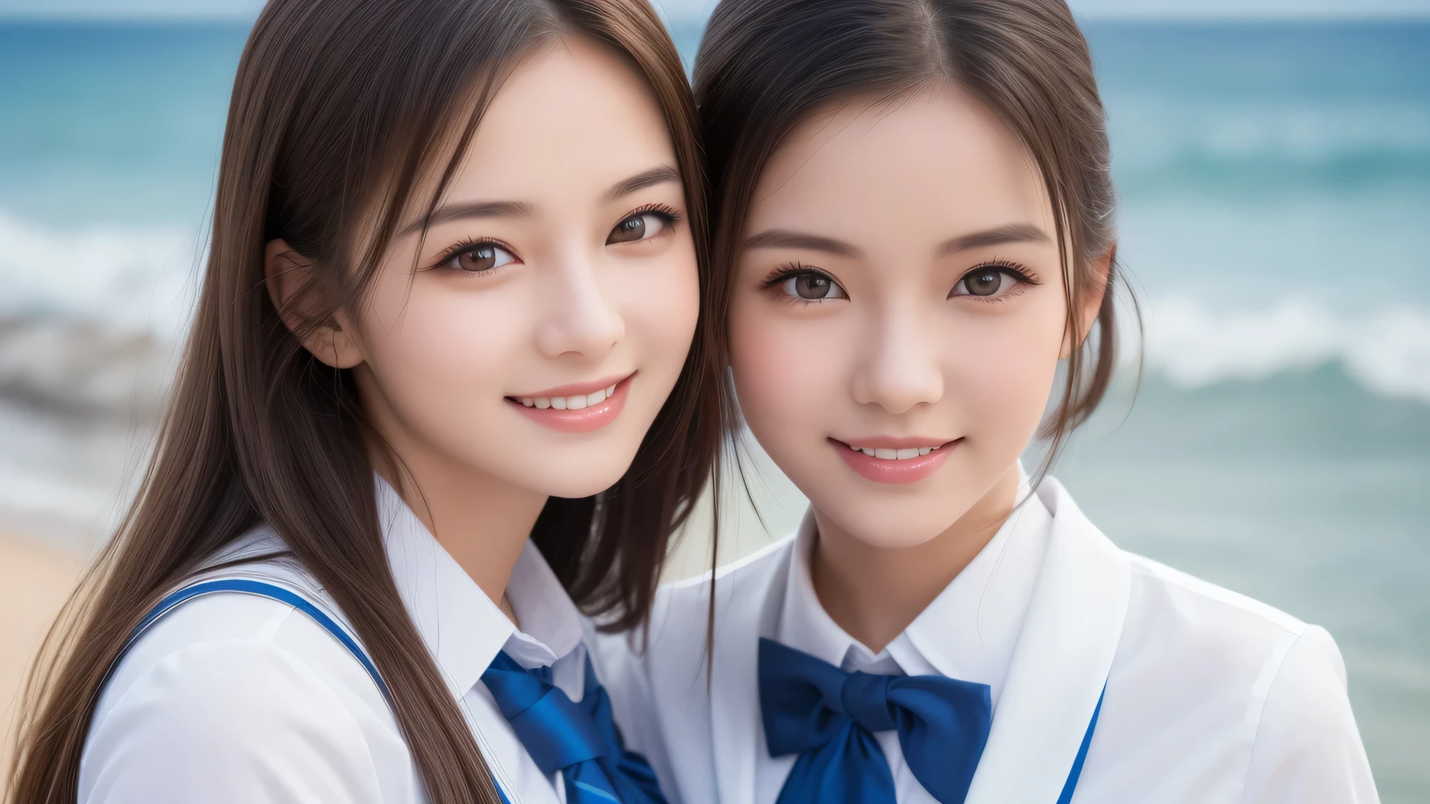2girl, beautiful girls, enchanting smile, Amazing face and eyes, (highly detailed eyes, highly detailed face), Fresh, very clean appearance, (hyper-realistic, hight resolution), (best Quality:1.4), Professional Photography, (high school uniform:1.2), focus on the face, sea, beach,