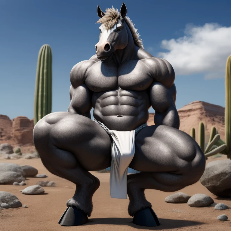 Furry, Antro, (Vista levantado), [Horse color Gris Plateado Brillante metal] , [Fundoshi Bulto Male Big], [Fundoshi Blanco], Solo, [Bulto Male Big], Hooves , Big Balls, Detallado 4k, cuerpo completo, cuerpo furry silver dark, Desierto con Cactus , Eyes Pupil Marron, Alta resolucion, 