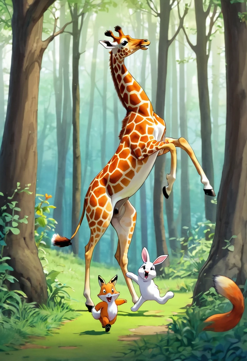 giraffe,rabbit,Fox,encounter,forest,Excited