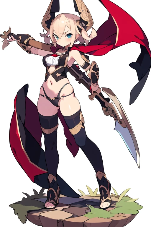 stand posture, cute eyes, 1girl, solo, high fantasy cloth, ((white background)), full body, holding weapon, thong,