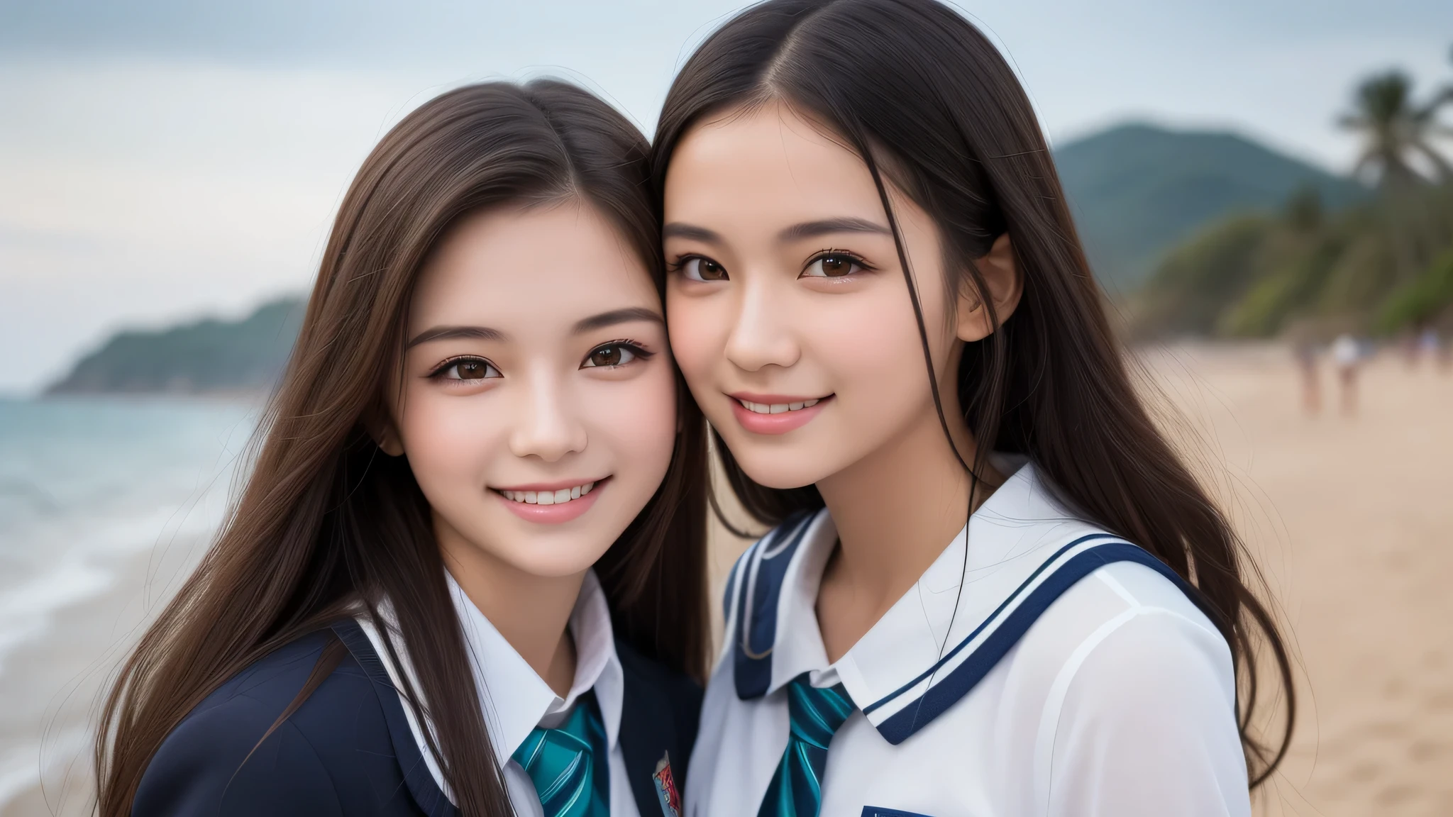 2girl, beautiful girls, enchanting smile, Amazing face and eyes, (highly detailed eyes, highly detailed face), Fresh, very clean appearance, (hyper-realistic, hight resolution), (best Quality:1.4), Professional Photography, (high school uniform:1.2), sea, beach,