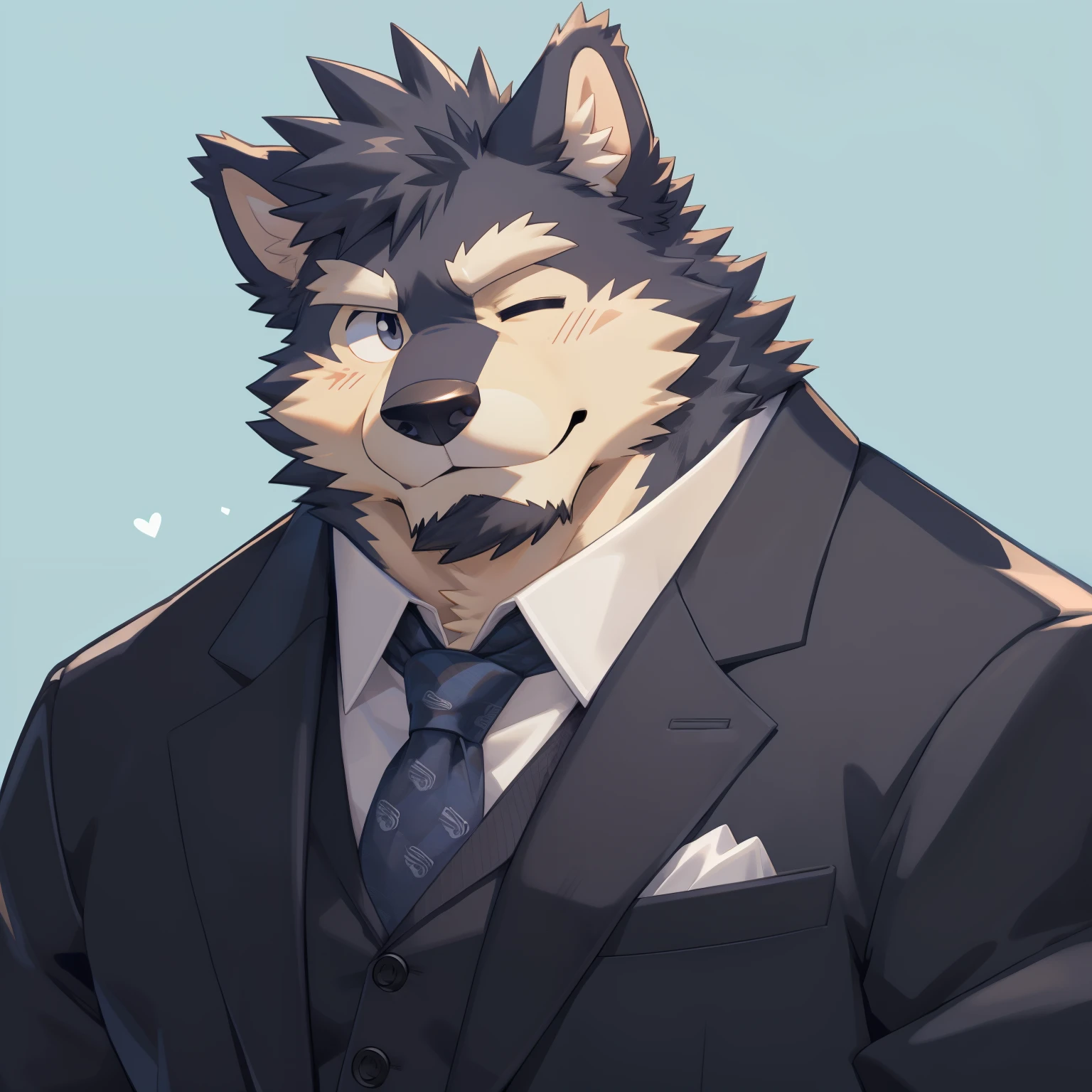 Scribble 德国牧羊dog face,Cute face,Humanity(dog),(Suit:1.3),Chubby,(white eyebrows:1.1),（With one eye closed:1.2）,(perfect black eyes),Simple background, Blue Background,print style。（Artist:Takemoto Arashi）