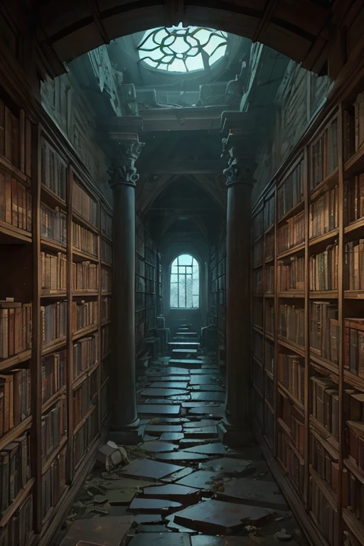 very tall narrow library rotunda with walls covered by shelves, ((ancient scrolls)), ((dark at night)), old, delapidated, ruin, frog perspective
