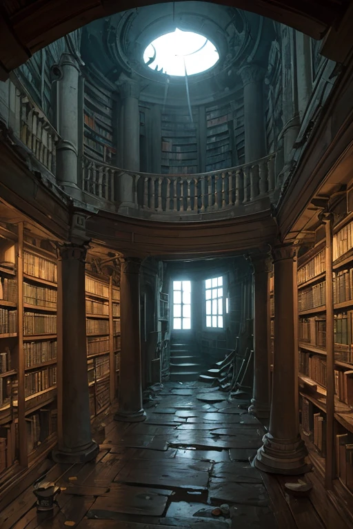 very tall narrow library rotunda with walls covered by shelves, ((ancient scrolls)), ((dark at night)), old, delapidated, ruin, frog perspective