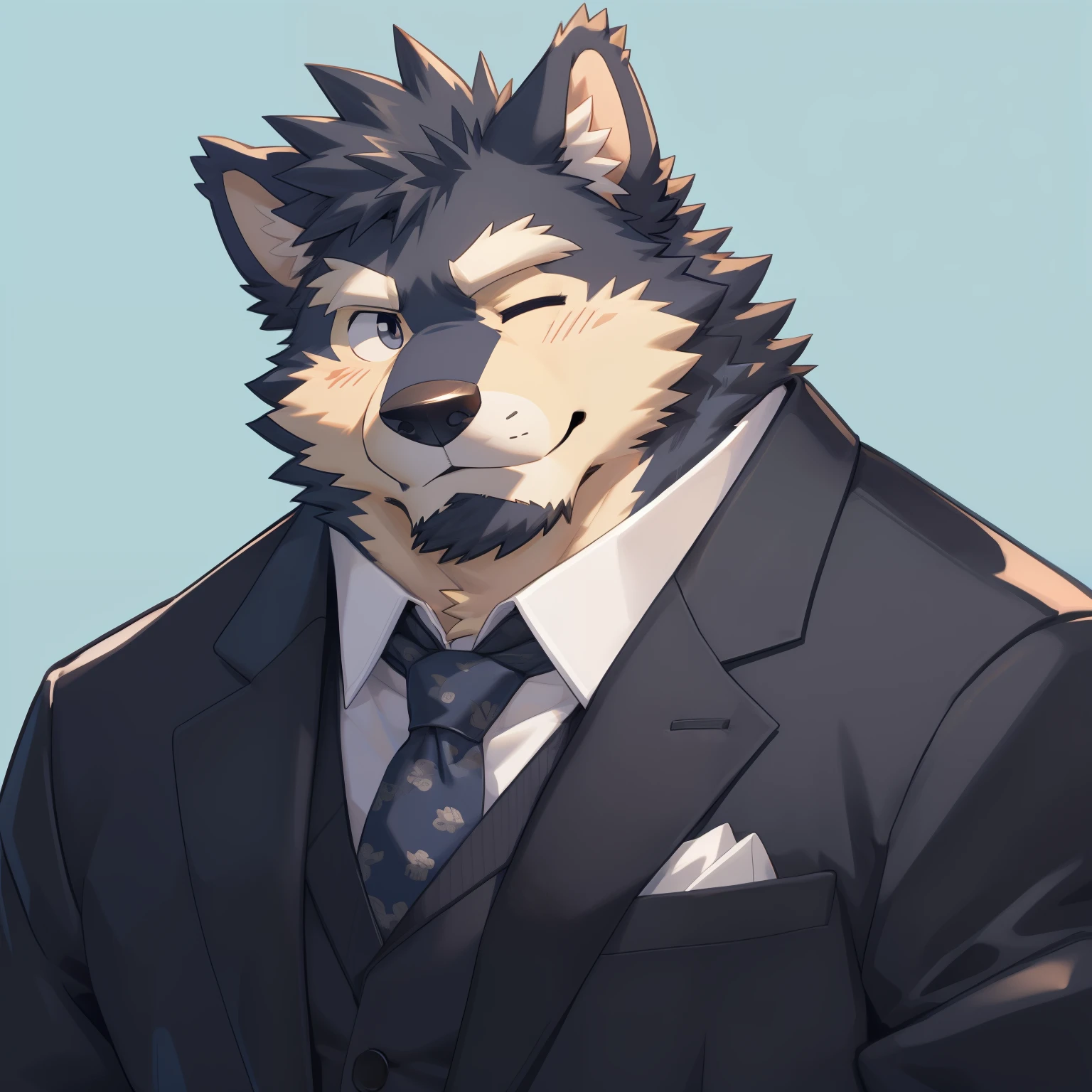 Scribble 德国牧羊dog face,Cute face,Humanity(dog),(Suit:1.3),Chubby,(white eyebrows:1.1),（With one eye closed:1.2）,(perfect black eyes),Simple background, Blue Background,print style。（Artist:Takemoto Arashi）