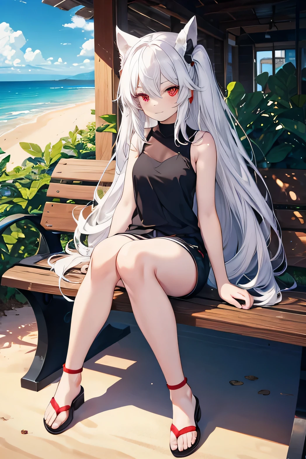 Best quality, Tabletop, 1 girl in, Single, Phrase, long hair, Ferry Base, thighs thighs thighs, Bare shoulders, jewelry, sleeveless, Top of the tank, Black hot pants, short shirt, In the shade of a tree with a beautiful view of the sea, big, Sandy beach, sitting on bench, from top, Hands on legs, He smiles, Soft lighting, Full body,White hair,White hair,Red eyes,Interior color is red,passerby,patient,Sandalwood,wearing red Sandalwoods